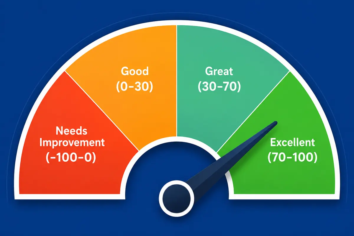 Net promoter score meter ranging from zero to ten with the indicator in the promoter range
