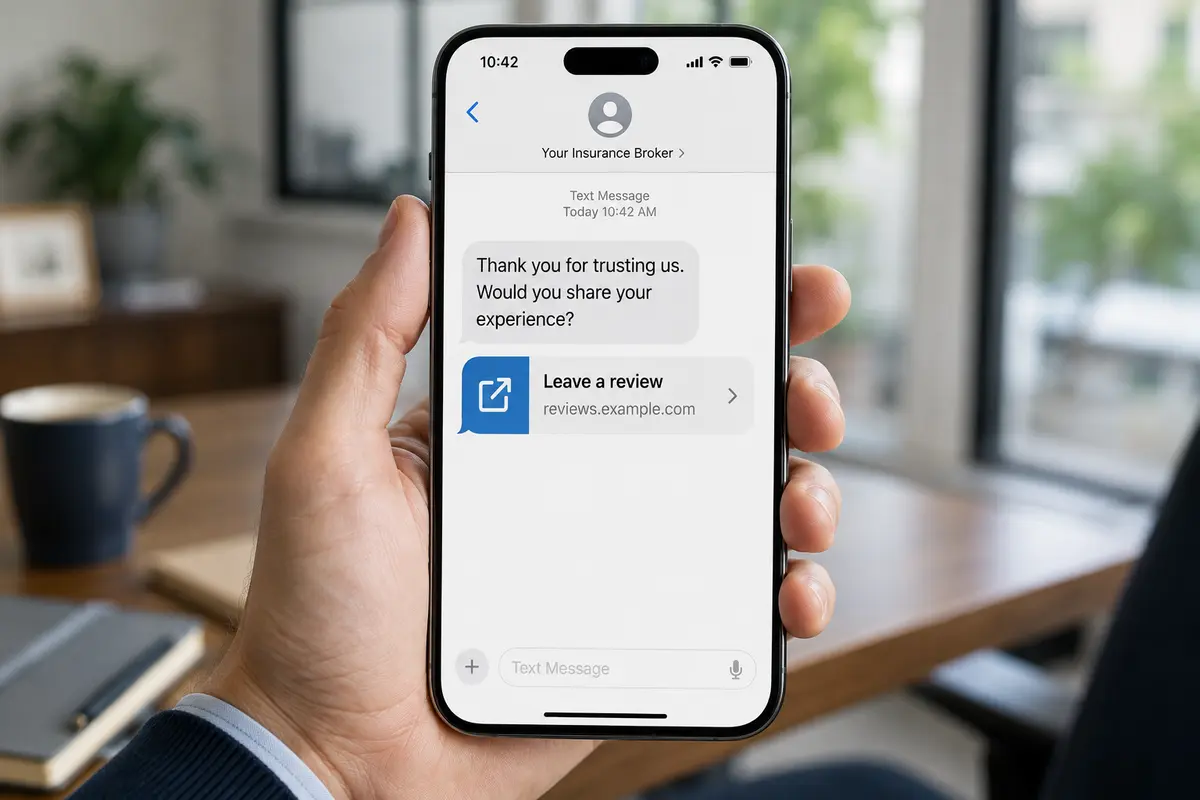 Customer phone displaying a text message from an insurance broker with a link to leave a review